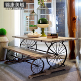 美式复古实木餐桌椅组合做旧铁艺餐桌轮子餐桌椅造型创意个性家具