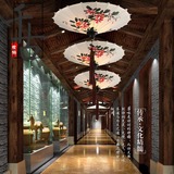 新中式手绘布艺雨伞吊灯仿古现代茶楼过道会所客厅餐厅创意装饰灯