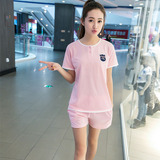 夏季韩版新款纯色短袖套装女睡衣大码甜美运动休闲夏天短裤套装女