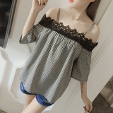 2016夏季新款韩版一字肩格子衬衫吊带蕾丝包边宽松上衣娃娃衫女