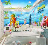 卡通海底世界大型无缝壁画儿童卧室壁纸幼儿园3d海绵宝宝墙纸新款