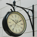 复古金属双面挂钟 客厅铁艺静音两面挂钟 地中海风格挂钟表