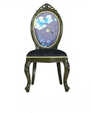 法式新古典实木布艺圆背餐椅美式蓝色牡丹图案棉麻布艺单人椅书椅
