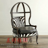 美式实木单人沙发法式复古做旧太空椅新古典皮艺休闲老虎椅鸟笼椅