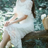 2016夏季新款纯白色蕾丝钩花甜美花边上衣+包臀鱼尾裙两件套装女