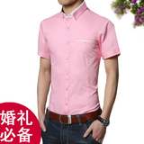 粉色新郎衬衫男短袖修身商务结婚礼服夏季青年薄款纯棉伴郎服衬衣