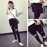 韩版女装夏装新款150cm矮个子学生加小码XS号显高黑色破洞牛仔裤
