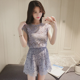 2016年夏季韩版时尚套装女夏季镂空蕾丝衫+阔腿短裤两件套无袖