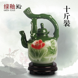 景德镇10斤装陶瓷酒瓶酒坛 手工雕刻绿釉提梁壶装饰