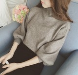2016秋季新款韩版纯色半高领宽松蝙蝠衫套头灯笼袖显瘦针织毛衣女