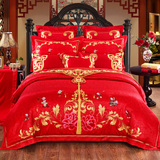 婚庆四件套大红床单式结婚床上用品纯棉贡段欧式刺绣1.8m床盖加厚