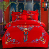 纯棉四件套双人全棉床上用品复古民族风4件套斜纹床单大版纯红色
