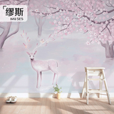 北欧简约背景墙壁纸 手绘麋鹿树林粉色客厅墙纸 定制宜家温馨壁画