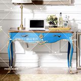 新古典美式乡村实木雕花书桌欧式复古蓝色手绘电脑桌法式书房家具