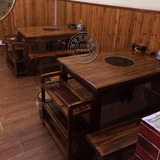 直销仿古炭烧木实木火锅桌椅组合 煤气灶火锅桌 碳化实木餐桌椅