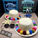 新款韩版亲子草帽麦秆儿童糖果色毛线球女童草编遮阳草帽夏季帽子