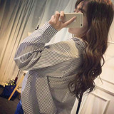 2016秋季新款韩版宽松显瘦条纹上衣浅色灯笼袖百搭衬衣长袖衬衫女