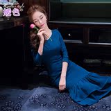 嫒色 2016春季新款女装 韩版修身中长款长袖蛋糕裙摆连衣裙礼服裙