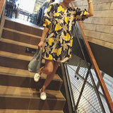 韩国进口东大门女装代购 2016夏季新款 大牌花朵图案棉麻连衣裙