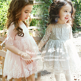 韩国童装女童连衣裙2016新款夏装蕾丝短袖连衣裙篷篷裙公主礼服裙