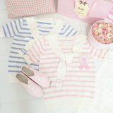 MULI新款甜美学院风海军风粉色条纹假两件圆领套头针织短袖T恤女