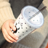 创意韩国饮料果汁杯透明双层吸管杯子学生塑料随手杯带盖个性水瓶
