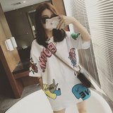 2016夏装新款纯棉卡通字母印花短袖T恤女韩版中长款宽松半袖上衣