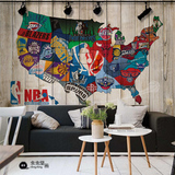 NBA 地图定制壁画 电视沙发背景墙纸 个性 酒吧 复古 木纹 KTV