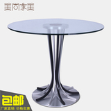 特价简约现代钢化玻璃餐桌透明小圆桌80圆形会客接待洽谈桌椅组合