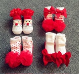 美腻0-6个月外贸欧美新生儿女宝宝公主袜子红色花朵蕾丝袜婴儿袜
