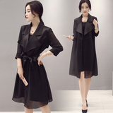 2016春装新款套装女韩版中长款风衣女黑色雪纺衫外套女潮