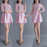 DM2016夏季韩版东大门公主短裙蓬蓬裙韩国女装高腰长袖蕾丝连衣裙