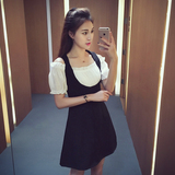 2016夏季新款韩版修身灯笼袖假两件连衣裙女装显瘦短袖高腰a字裙