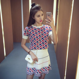 2016夏季新款韩版时尚印花针织套装女短袖上衣不规则半身裙两件套