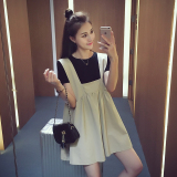 夏季新款2016韩版纯色短袖连衣裙女两件套大码宽松a字背带短裙子