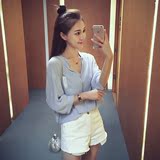 夏季新款2016韩版拼接蝙蝠袖衬衫女装宽松七分袖打底衫薄外套上衣
