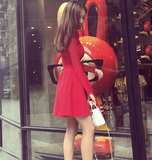 小红裙连衣裙明星同款长袖高腰蓬蓬名媛修身显瘦大红色结婚礼服裙