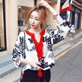 韩国代购东大门夏装新款韩版女显肤色红色毛边印花流苏系带衬衫潮