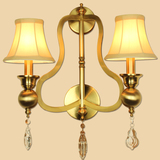美式双头壁灯 简欧客厅壁灯床头布罩灯铁艺仿铜水晶壁灯
