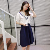 2016韩版夏季新款蕾丝V领套头短袖T恤深蓝色半身长裙两件套装女