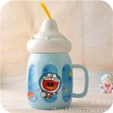 哆啦A梦创意陶瓷杯子大肚 吸管杯带盖 可爱奶瓶水杯小叮当马克杯