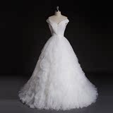 婚纱礼服2016新款新娘韩式一字肩蕾丝夏季V领性感优雅气质蓬蓬裙