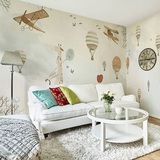儿童房大型北欧卡通动物壁纸男孩女孩温馨卧室背景墙纸布手绘壁画
