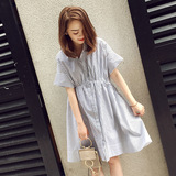 夏季韩国可外穿睡衣衬衣裙竖条纹中长款大码短袖连衣裙女学生睡裙