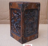 木盒子木箱子木柜子木匣子古董古玩杂项收藏-浮雕箍铜木笔筒