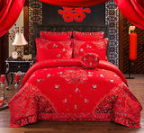 夏季全棉百子图婚庆四件套大红色 刺绣被套1.8m床单结婚床上用品