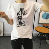 韩版夏季简约竹节棉短袖T恤 素描卡通米奇纯棉套头圆领打底衫包邮