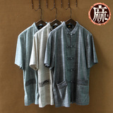 夏季新款中国风男装盘扣短袖唐装上衣复古棉麻衬衣男立领亚麻衬衫