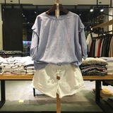 2016夏季女装 韩版清新甜美木耳荷叶边中袖宽松大码格子衬衫上衣