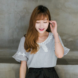 2016新品女装小个子夏装韩版时尚可爱拼接蕾丝花边竖条纹T恤1057